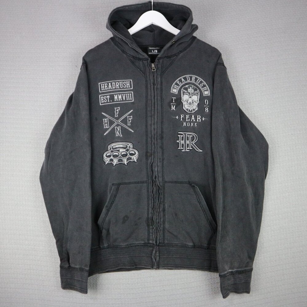 Headrush Distressed Stained Embroidered Faded Zip Up Hoodie Mens Large Y2K